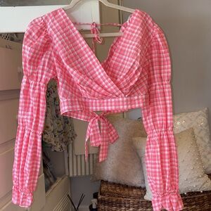 TOPSHOP Pink Gingham Long Sleeve Top